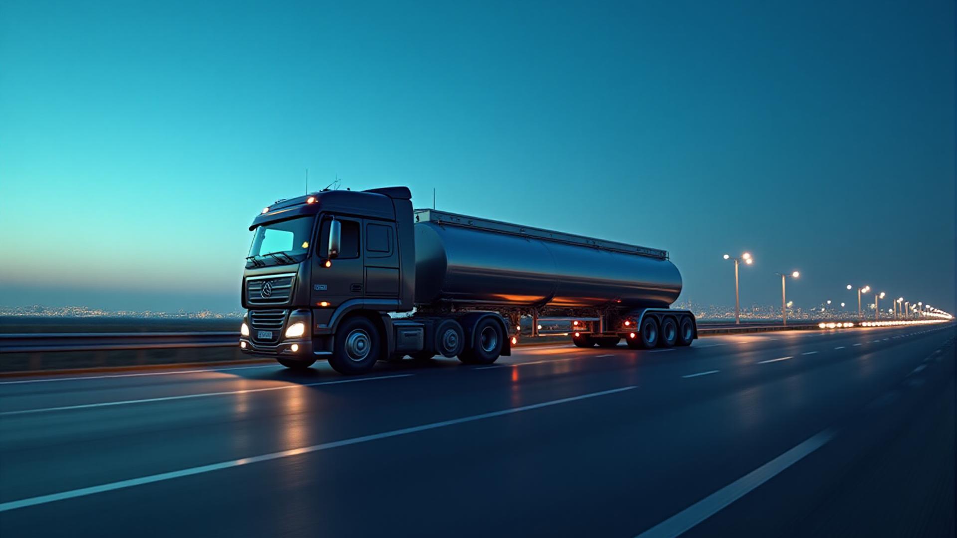 Pristine stainless steel tanker truck on a modern highway at dusk