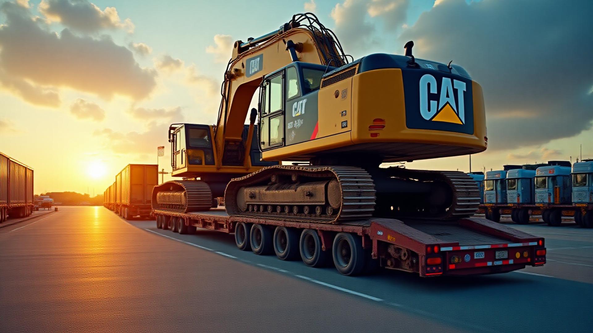 Heavy excavator being loaded onto an RGN trailer for specialized transport