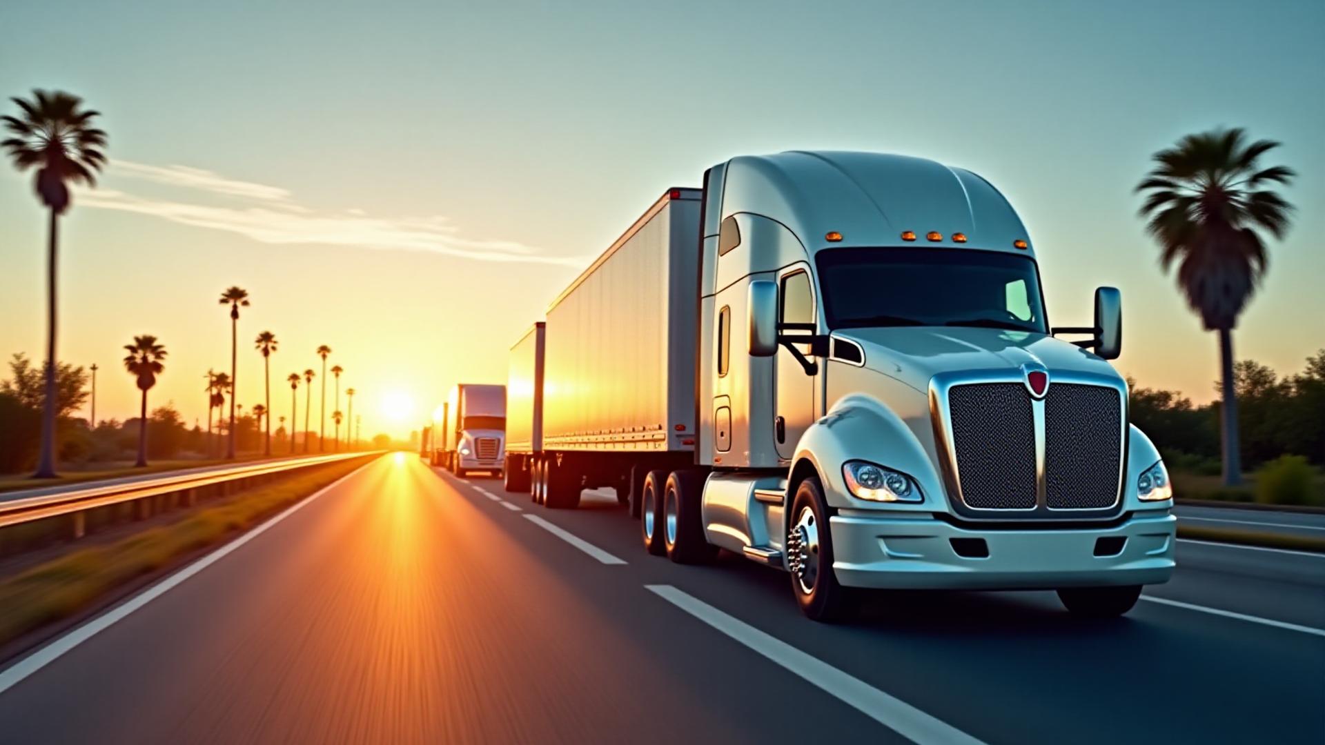 Modern Kraig's Trucking commercial fleet on Florida highway at sunrise