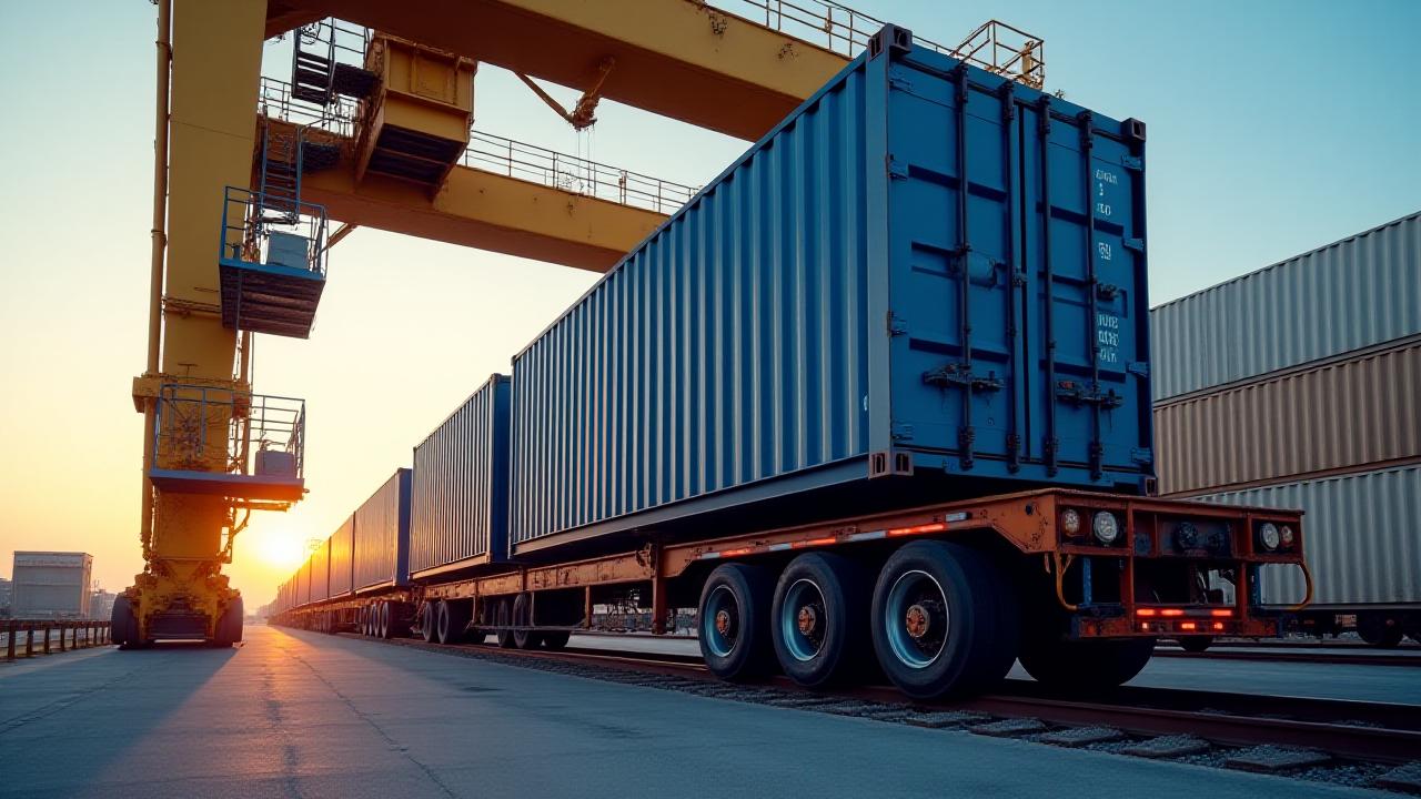 Container being lifted from a truck onto a freight train at an intermodal terminal
