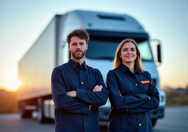 Two professional truck drivers in modern uniforms standing in front of a heavy-duty truck